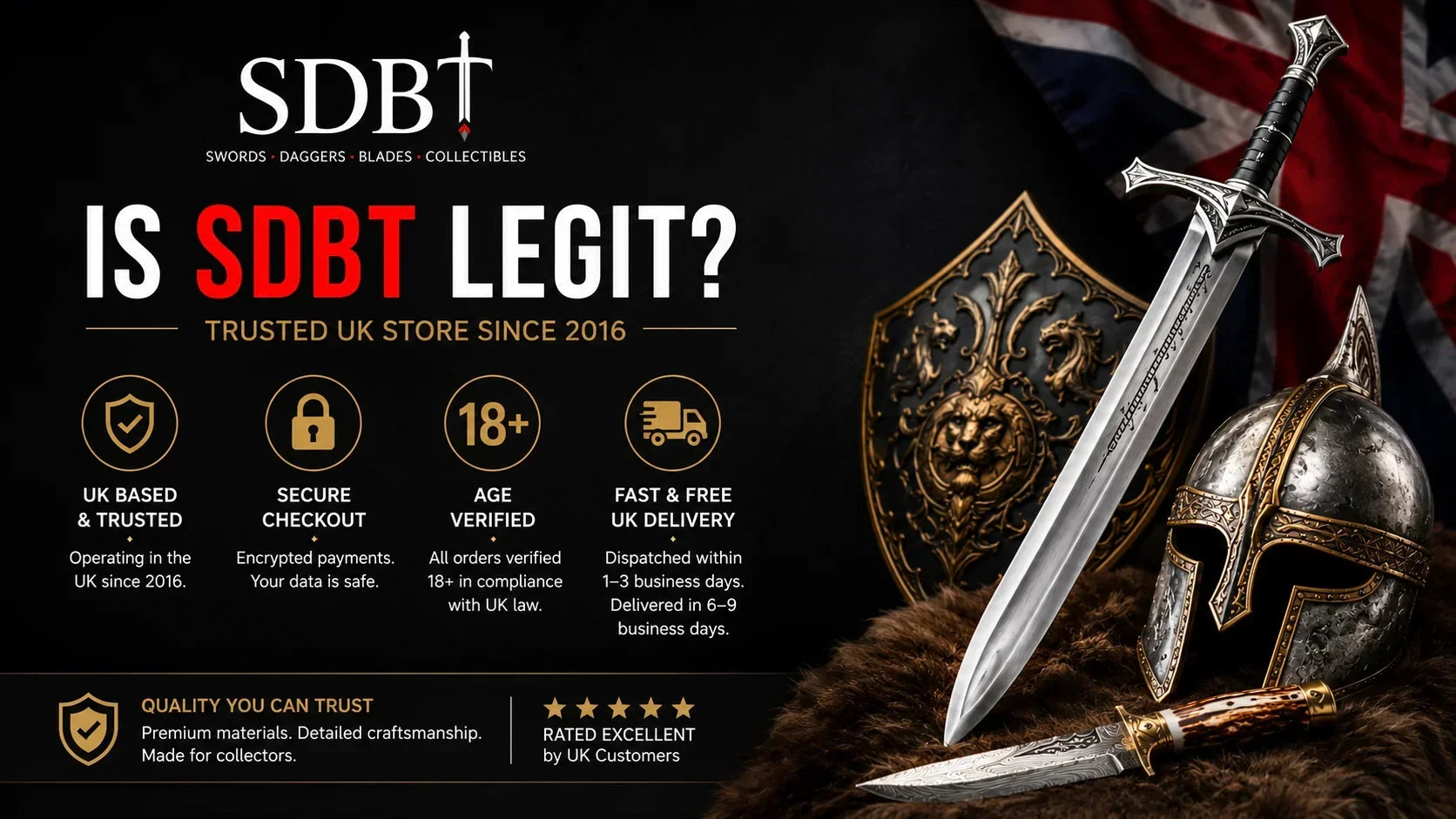 SDBT UK trusted replica sword store banner featuring a medieval sword, shield, helmet, and secure UK shopping theme
