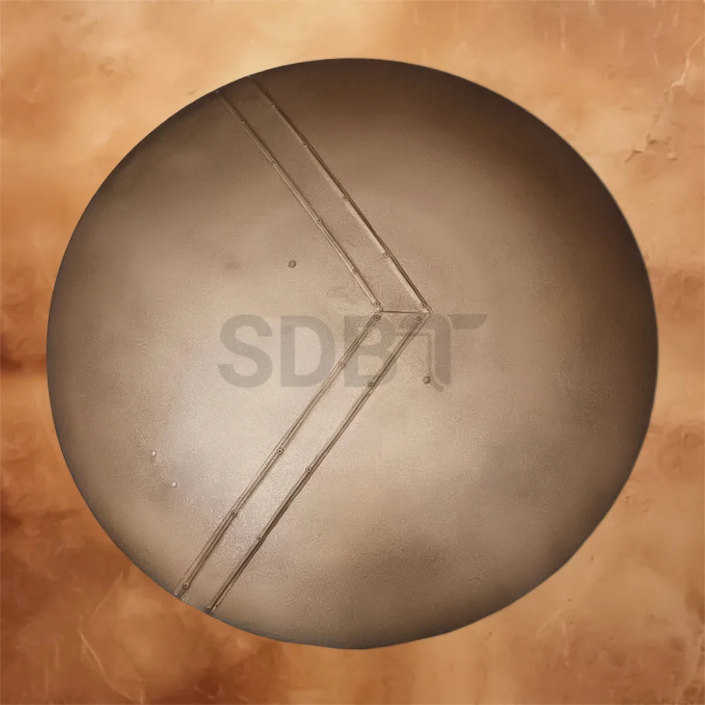 Front view of the 300 Spartan Movie Shield Replica featuring a round battle-ready design with reinforced metal bands inspired by the iconic Spartan warriors.