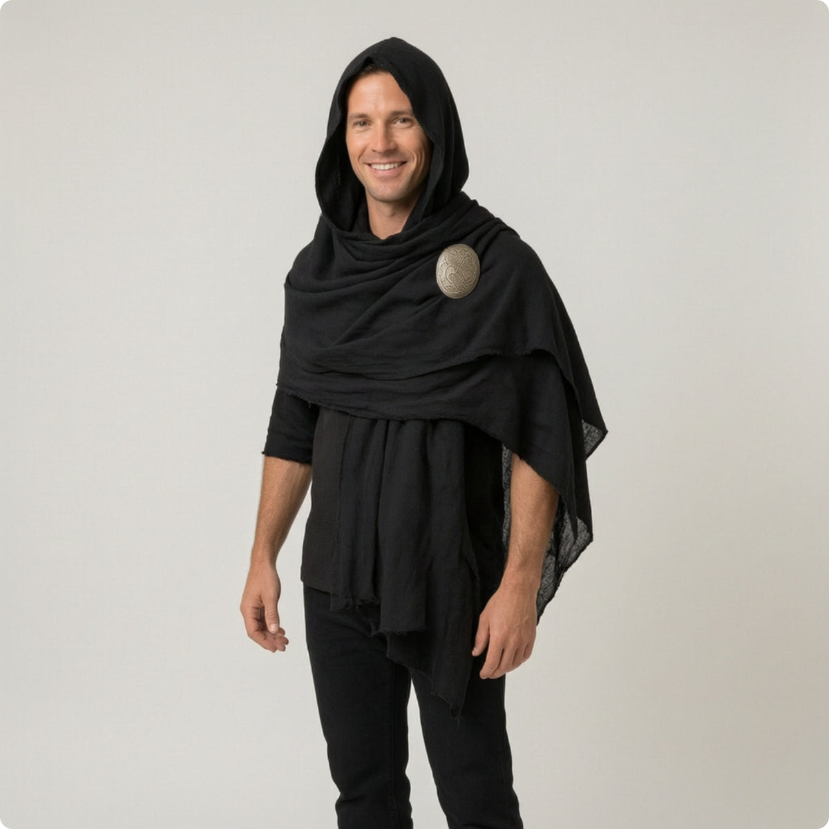 Medieval Hooded Cloak with Brooch Rustic Costume Cape
