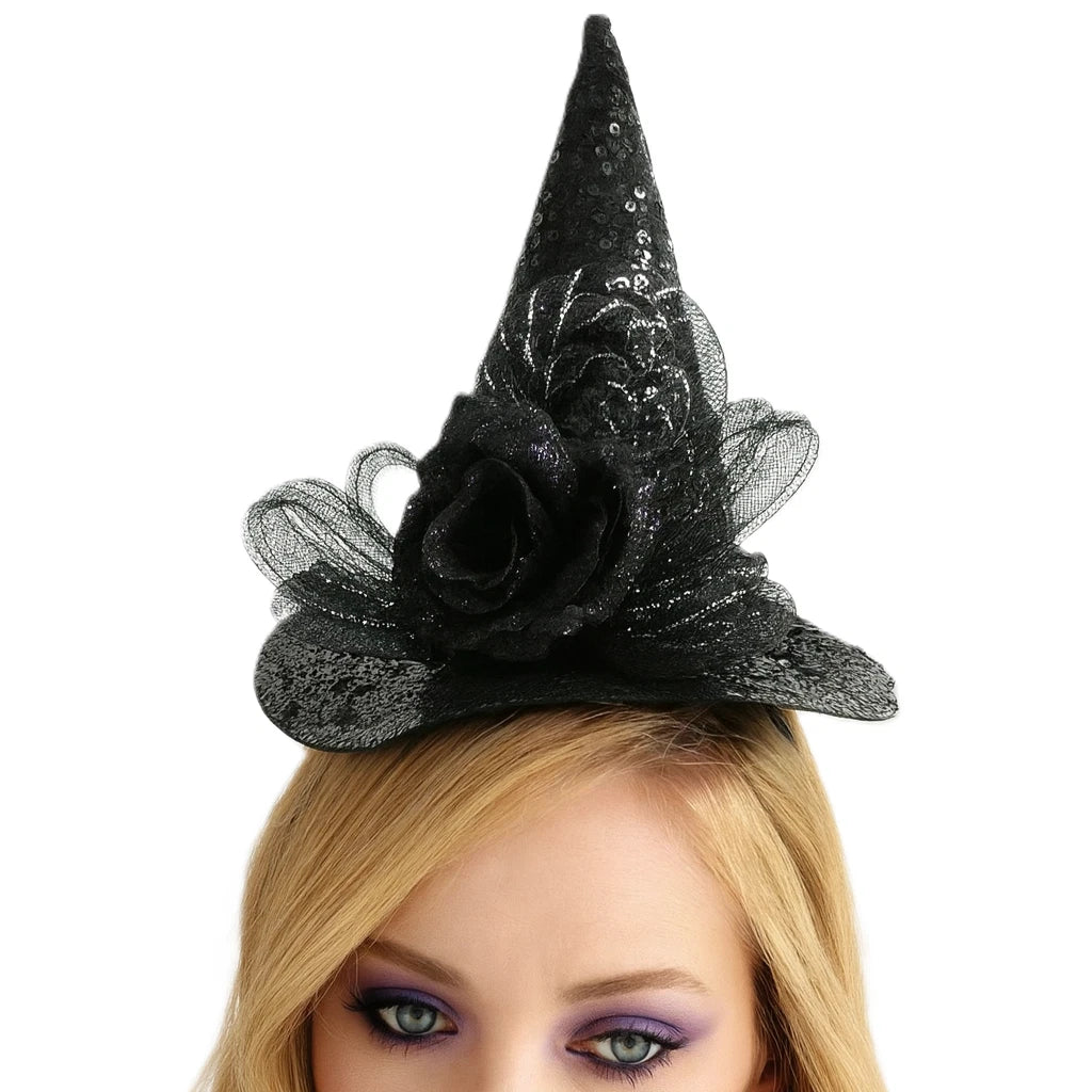Black Sequin Witch Hat Fascinator Headband