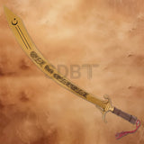 Close-up of an Arabian dragon scimitar sword showing its gold engraved blade and ornate guard.
