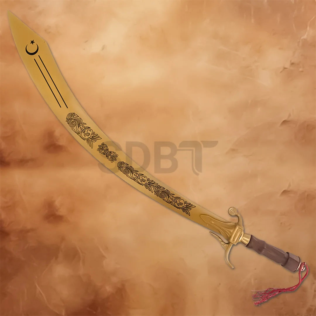 Close-up of an Arabian dragon scimitar sword showing its gold engraved blade and ornate guard.