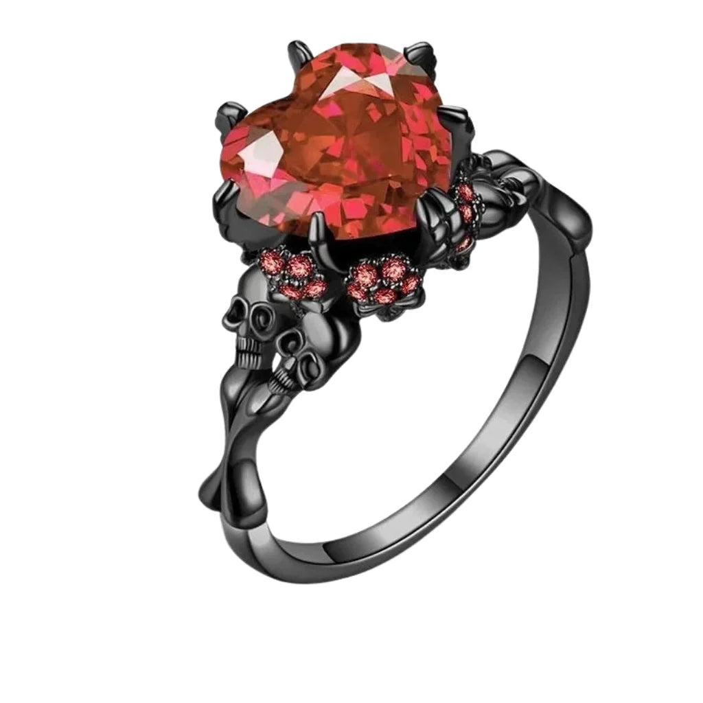 Gothic Double Skull Ring with Crystal Heart