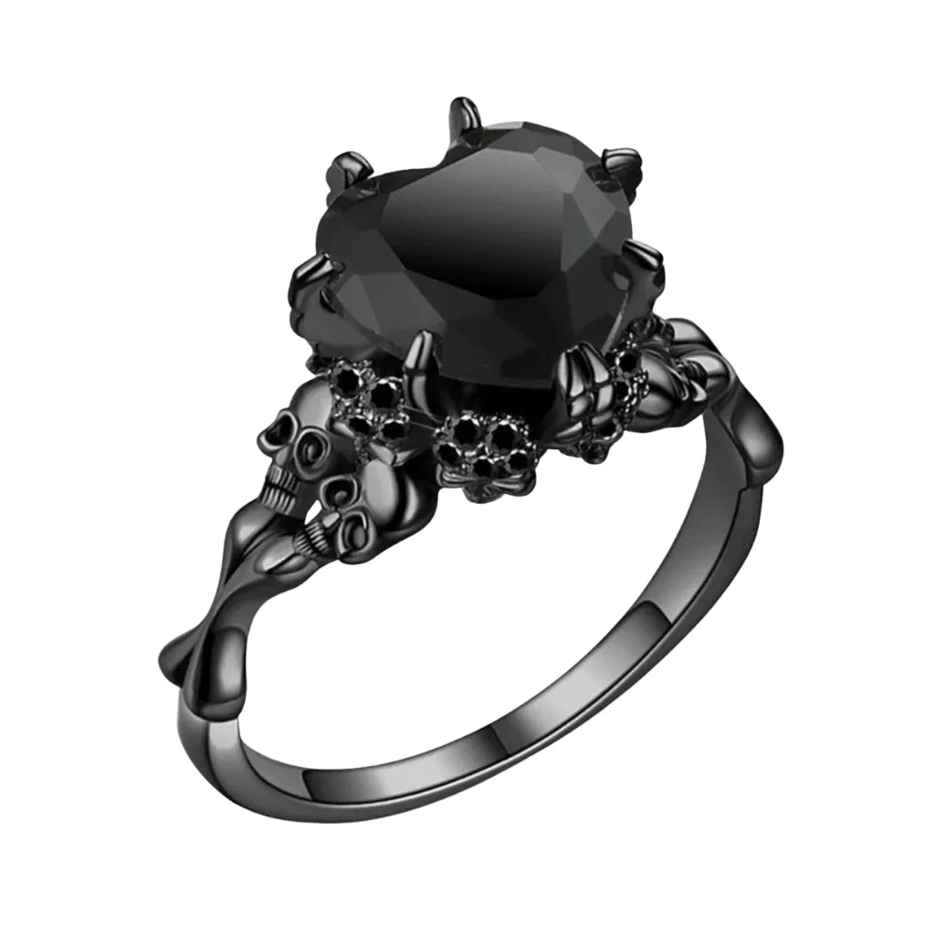 Gothic Double Skull Ring with Crystal Heart