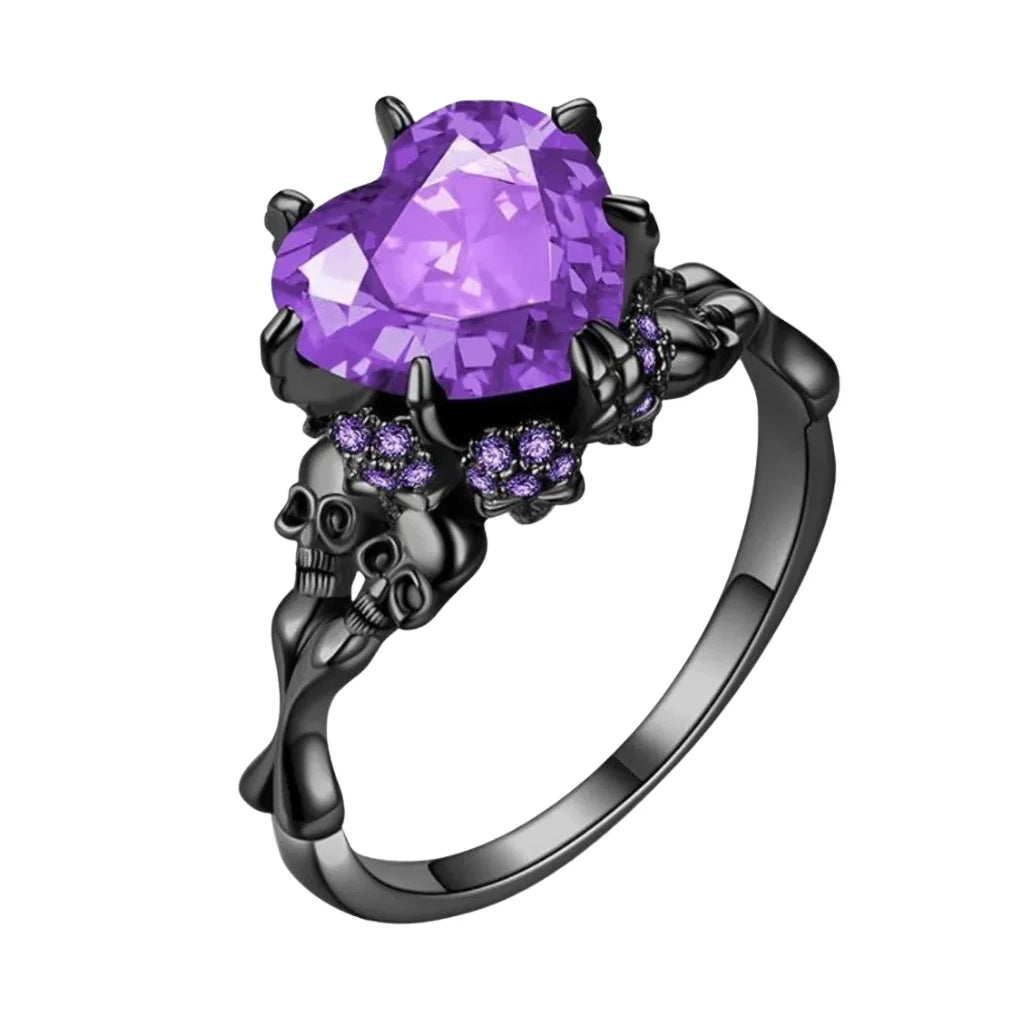 Gothic Double Skull Ring with Crystal Heart