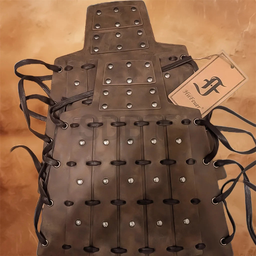 Medieval Faux Leather Bracers Arm Guards featuring a brown leather finish, riveted panels, adjustable lace-up straps, and Viking-inspired cosplay styling.