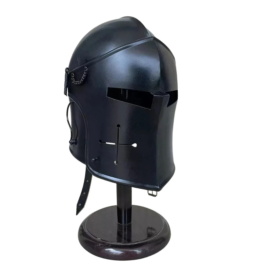 Obsidian Black Steel Crusader Barbute Helmet