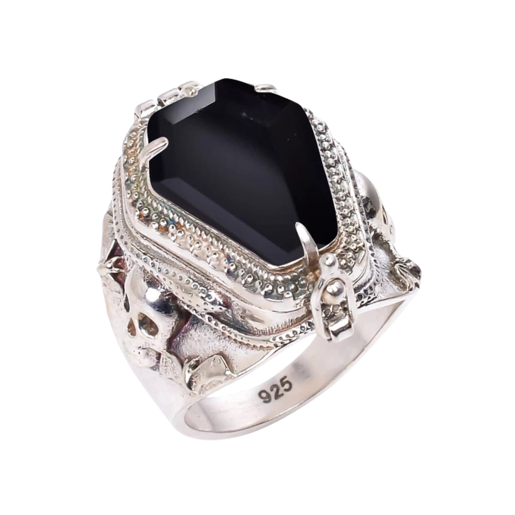 Silver Black Onyx Skull Coffin Gothic Ring