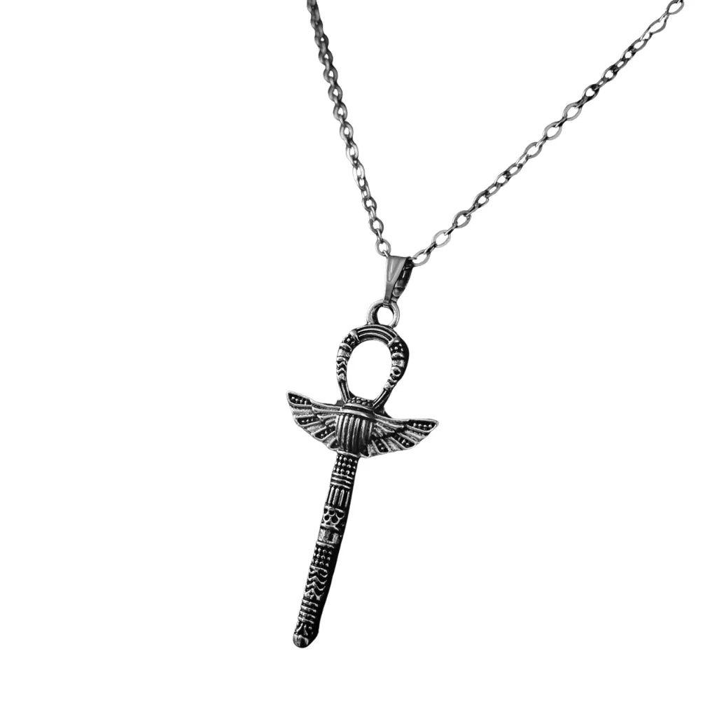 Vintage Silver Egyptian Ankh Scarab Necklace