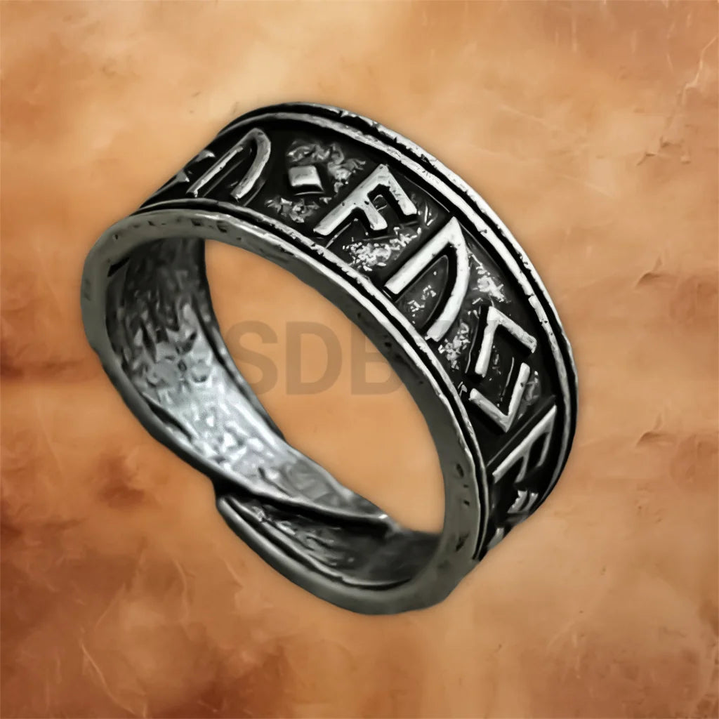 Adjustable Norse Viking Rune ring for men and women featuring engraved Nordic runes and a polished finish.