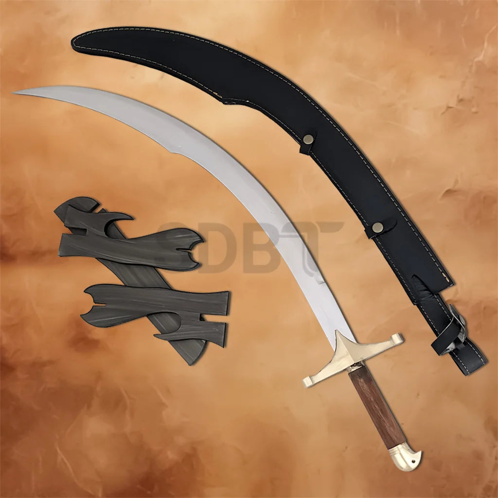 Complete Ancient Persian Sword Replica set featuring the curved sword, black scabbard, and wooden wall display plaque, ideal for historical collections and home décor.