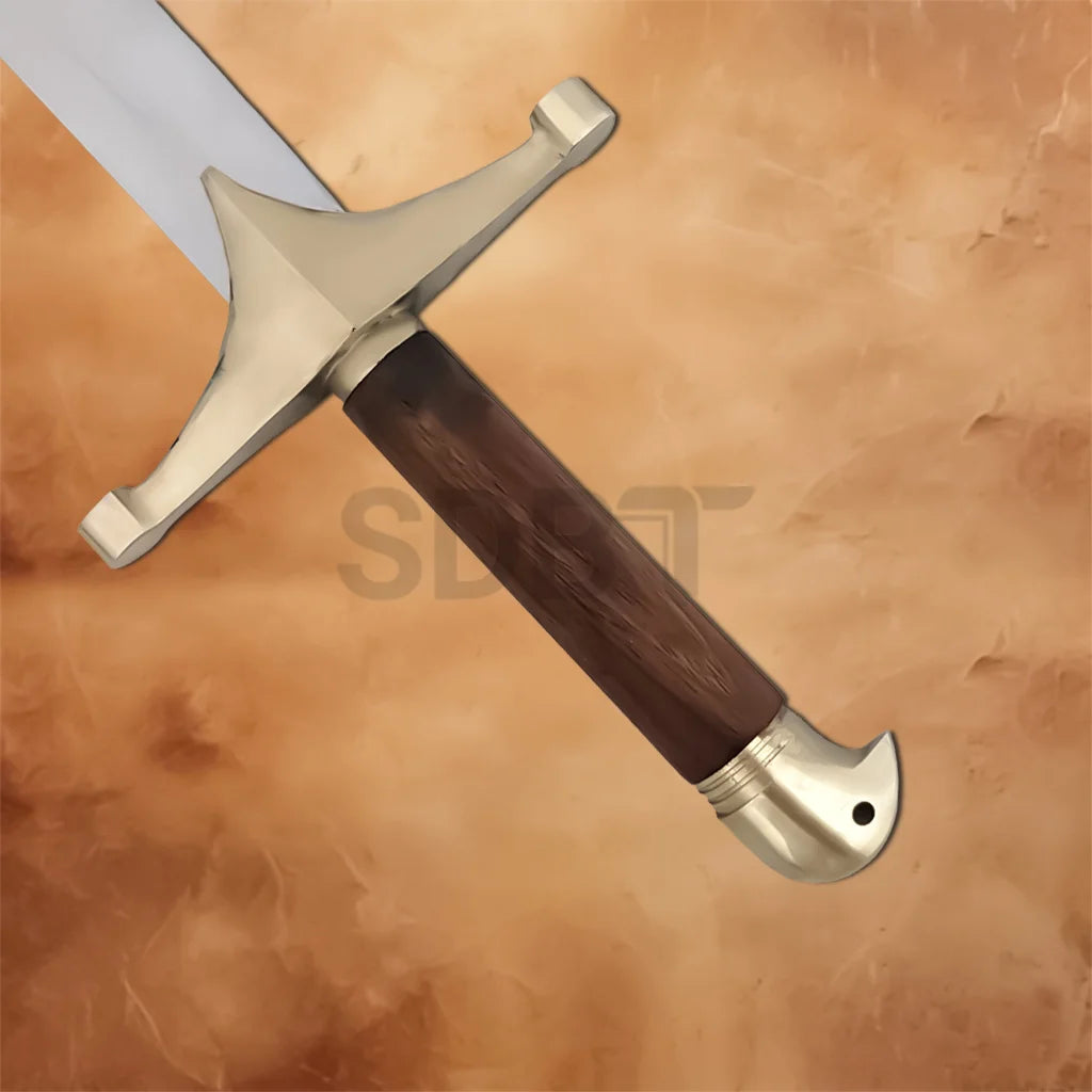 Detailed view of the Ancient Persian Sword Replica highlighting the wooden handle, brass fittings, and ergonomic grip designed for collectors and display.