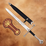 Anduril & Narsil Dagger Replica complete set featuring the engraved dagger, black scabbard, and decorative display plaque for LOTR collectors.