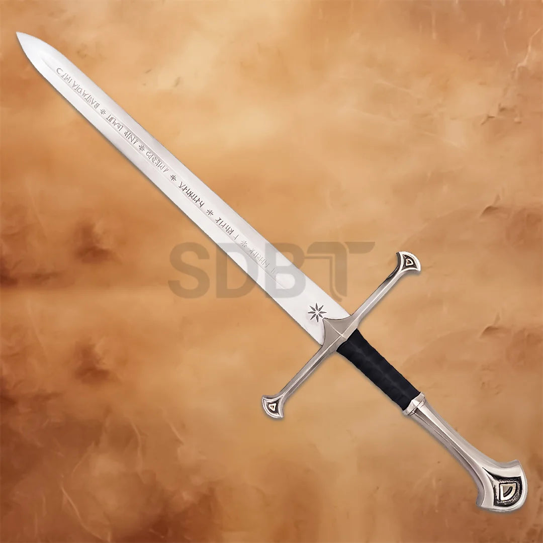 Full-length Anduril & Narsil Dagger Replica with engraved stainless steel blade, silver hilt, and black wrapped handle inspired by The Lord of the Rings.