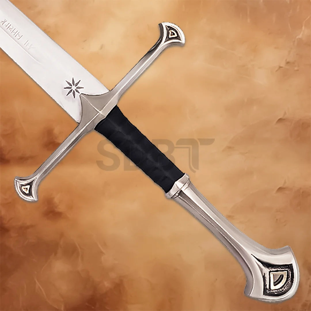 Detailed hilt of the Anduril & Narsil Dagger Replica with polished silver guard, black grip, and elegant LOTR-inspired craftsmanship.