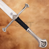Detailed hilt of the Anduril & Narsil Dagger Replica with polished silver guard, black grip, and elegant LOTR-inspired craftsmanship.