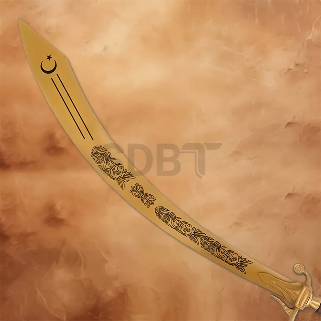Gold Arabian dragon scimitar sword replica featuring a curved blade with decorative engraved patterns.