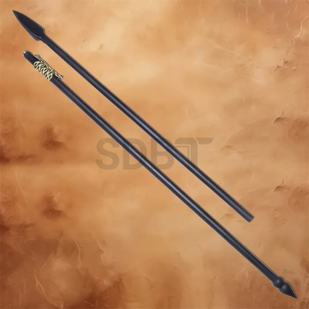 Full view of the Armory Spartan Spear Replica from 300 featuring a black spear shaft, forged-style spearhead, decorative gold accent, and authentic Spartan-inspired design for display and cosplay.