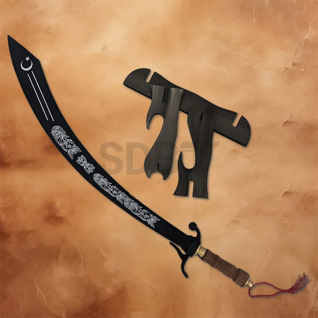 Black Arabian dragon scimitar sword replica with decorative curved blade, engraved details and brown wooden grip.