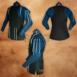 Black and blue medieval gambeson costume jacket displayed on a mannequin, featuring padded sleeves, white trim details, front button fastening, and a fitted design.