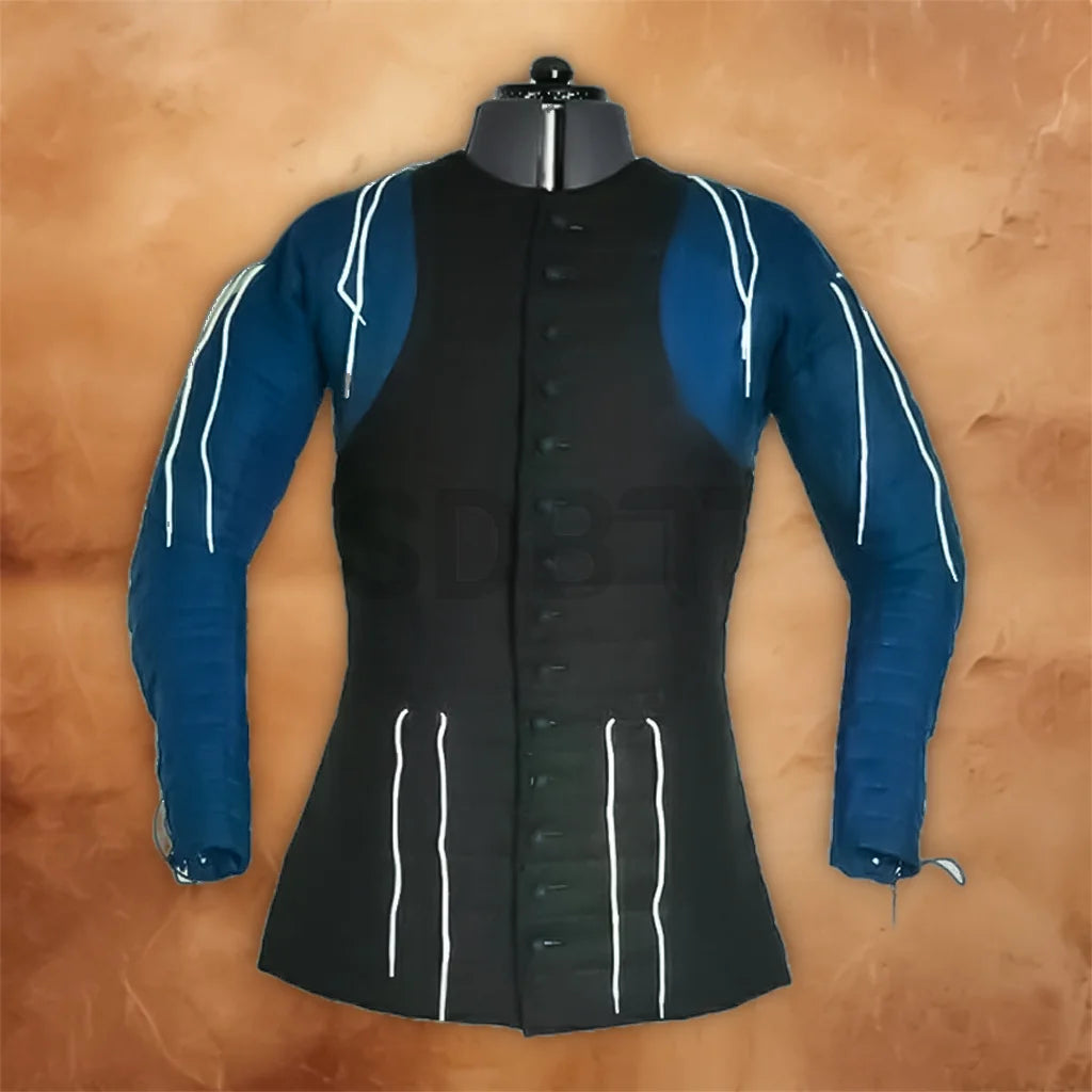 Black and blue medieval gambeson costume jacket shown from front, back, and side views, highlighting the padded sleeves and fitted body design.