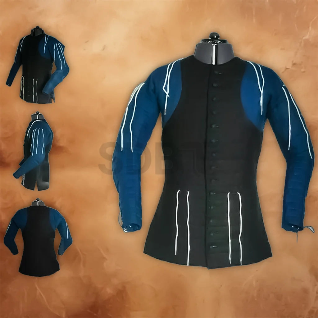 Black and blue medieval gambeson costume jacket displayed in multiple views, showing its padded construction, blue sleeves, white trim, and buttoned front.