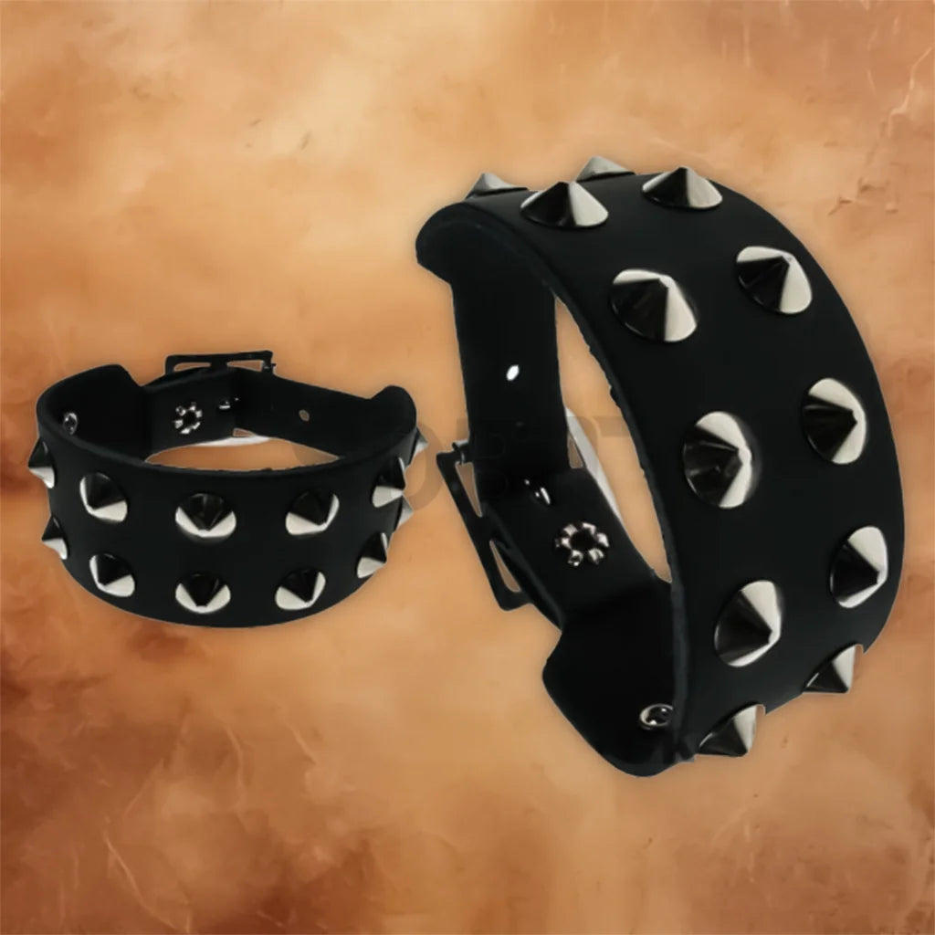 Black Gothic genuine leather studded cuff bracelet for men featuring polished metal studs and premium leather.