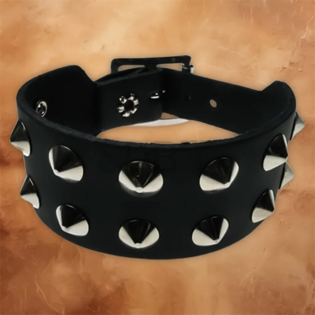 Angled view of the Black Gothic genuine leather studded cuff bracelet with durable metal stud detailing.