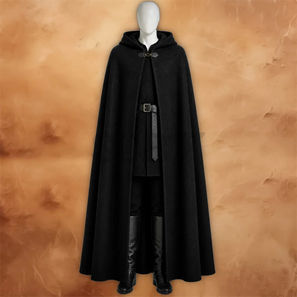 Black Hooded Medieval Cloak Gothic Fantasy Cape displayed on a mannequin with a long flowing design and front clasp.