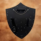 Rear view of the Black Link Hylian Shield Replica showcasing adjustable arm straps, padded grip, hanging chain, and durable construction for cosplay, conventions, and collectors.