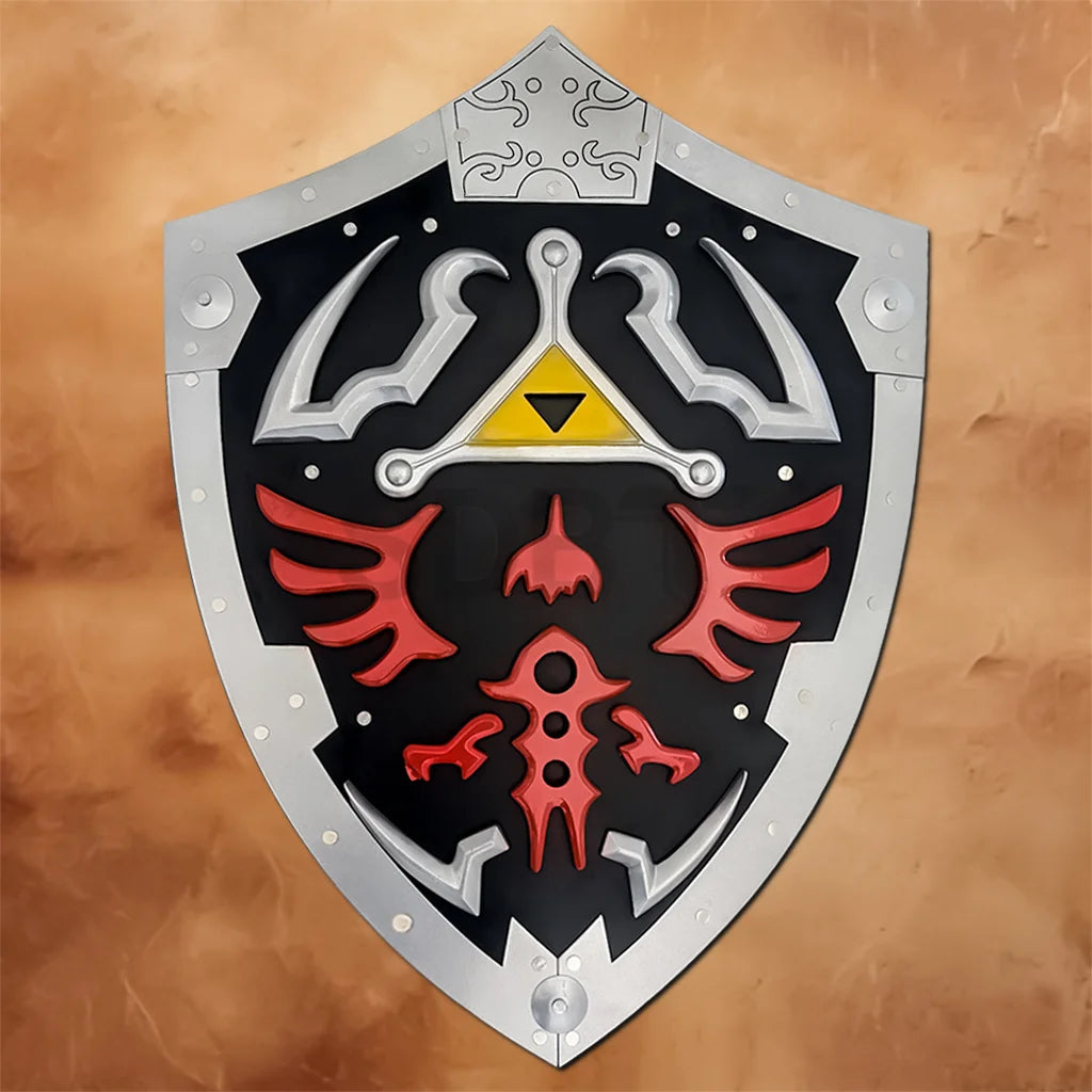 Front view of the Black Link Hylian Shield Replica from The Legend of Zelda featuring the Triforce emblem, red Hylian crest, black face, and silver border for cosplay and display.