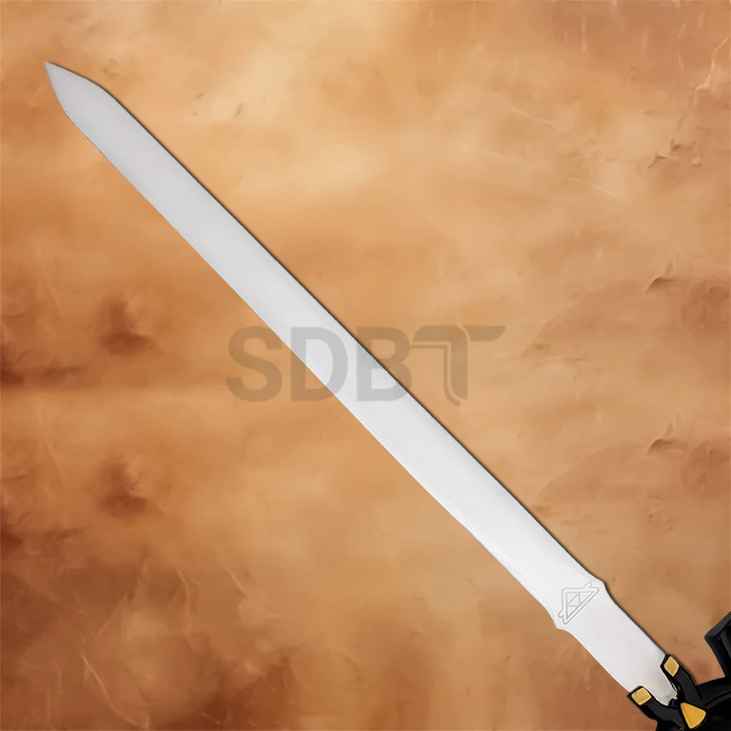 Full-length Black Link Master Sword Replica from The Legend of Zelda featuring a polished stainless steel blade, black hilt, and gold accents for cosplay and display.