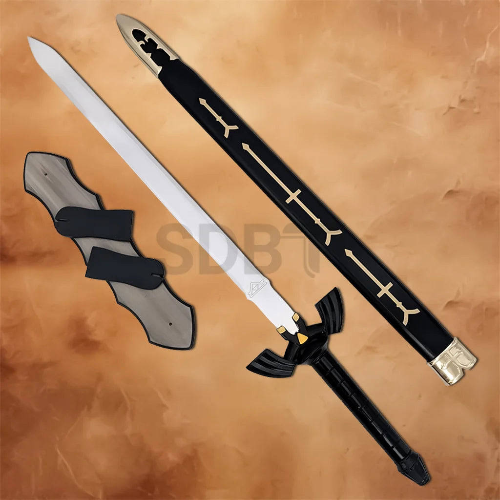 Complete Black Link Master Sword Replica set including the stainless steel sword, black scabbard, and wooden wall display plaque inspired by The Legend of Zelda.