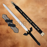 Complete Black Link Master Sword Replica set including the stainless steel sword, black scabbard, and wooden wall display plaque inspired by The Legend of Zelda.