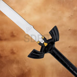 Close-up of the Black Link Master Sword Replica showcasing the black crossguard, gold detailing, and iconic fantasy-inspired design.