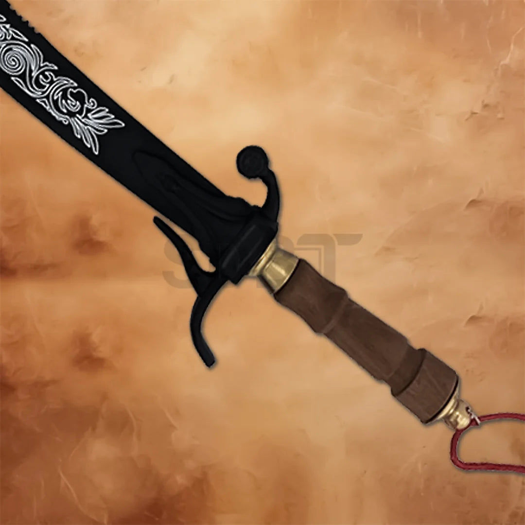 Black Arabian belly dance dragon scimitar sword with curved blade, ornate silver detailing and wooden handle