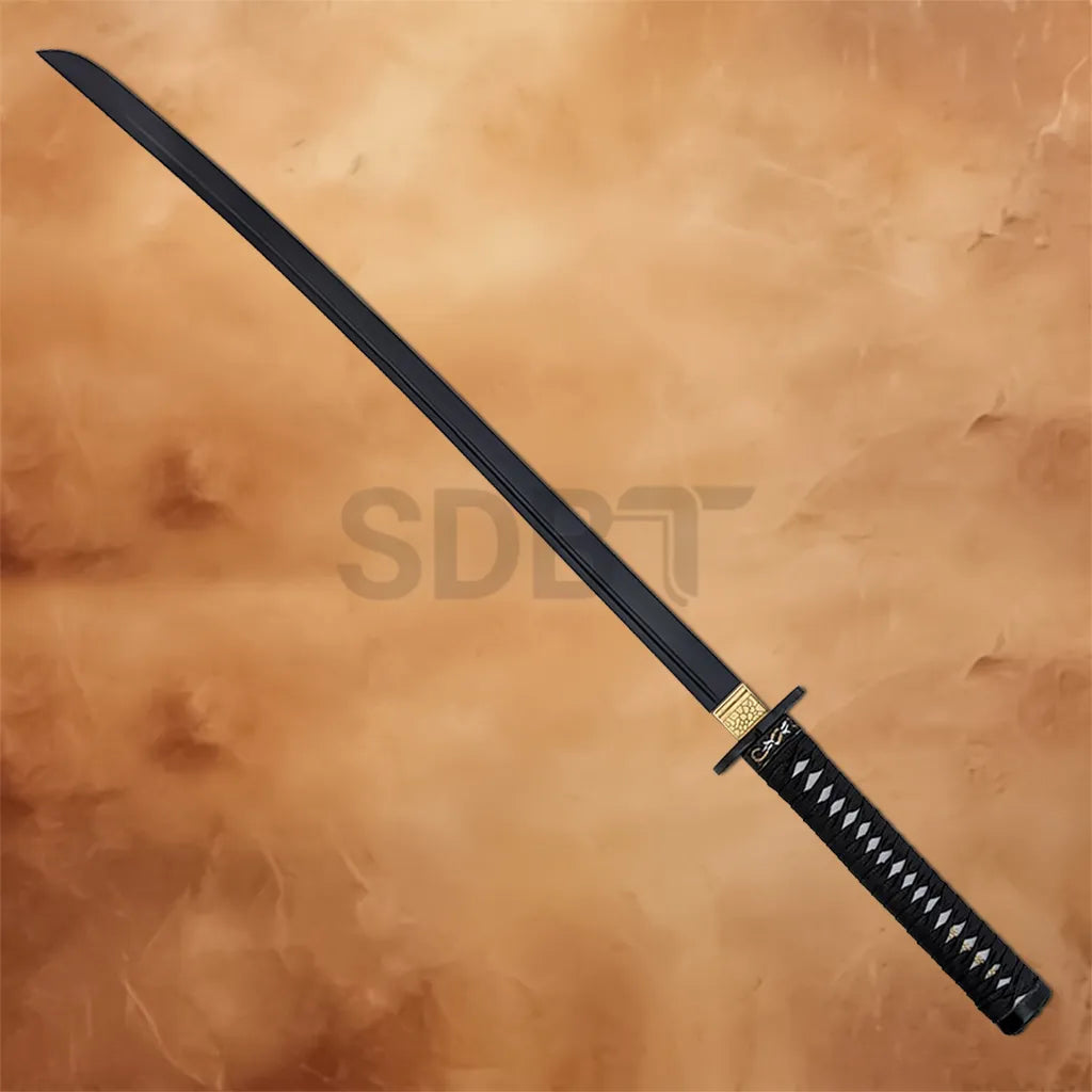 Full view of the black Japanese Samurai Katana replica featuring a black blade, wrapped handle, gold accents, and matching scabbard.