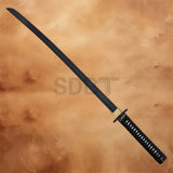 Full view of the black Japanese Samurai Katana replica featuring a black blade, wrapped handle, gold accents, and matching scabbard.
