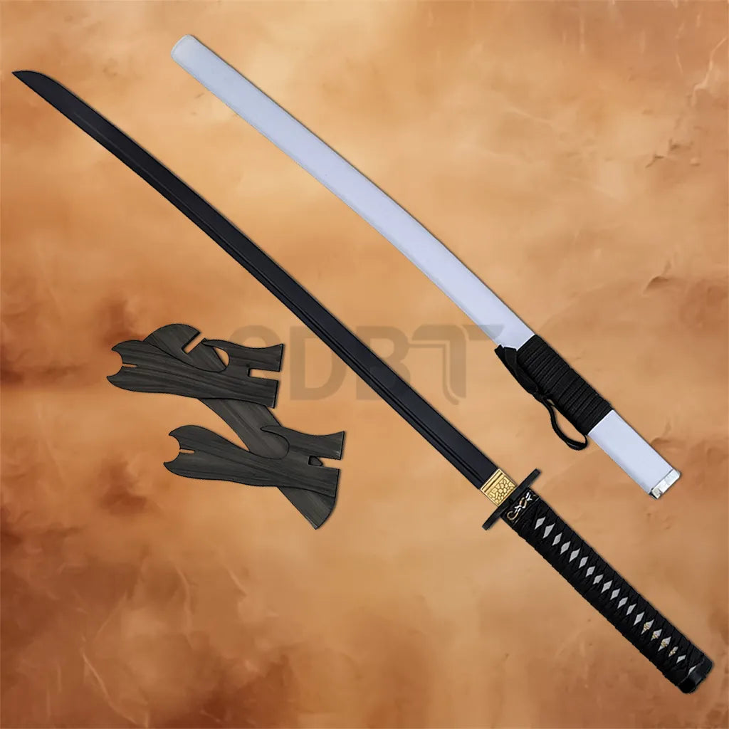 Black and white Japanese Samurai Katana replica displayed with its white scabbard and dark wooden display stand.
