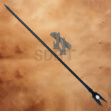 Black Wizard Staff of Saruman Replica with wooden display stand inspired by The Lord of the Rings, ideal for collectors, cosplay, and fantasy display.