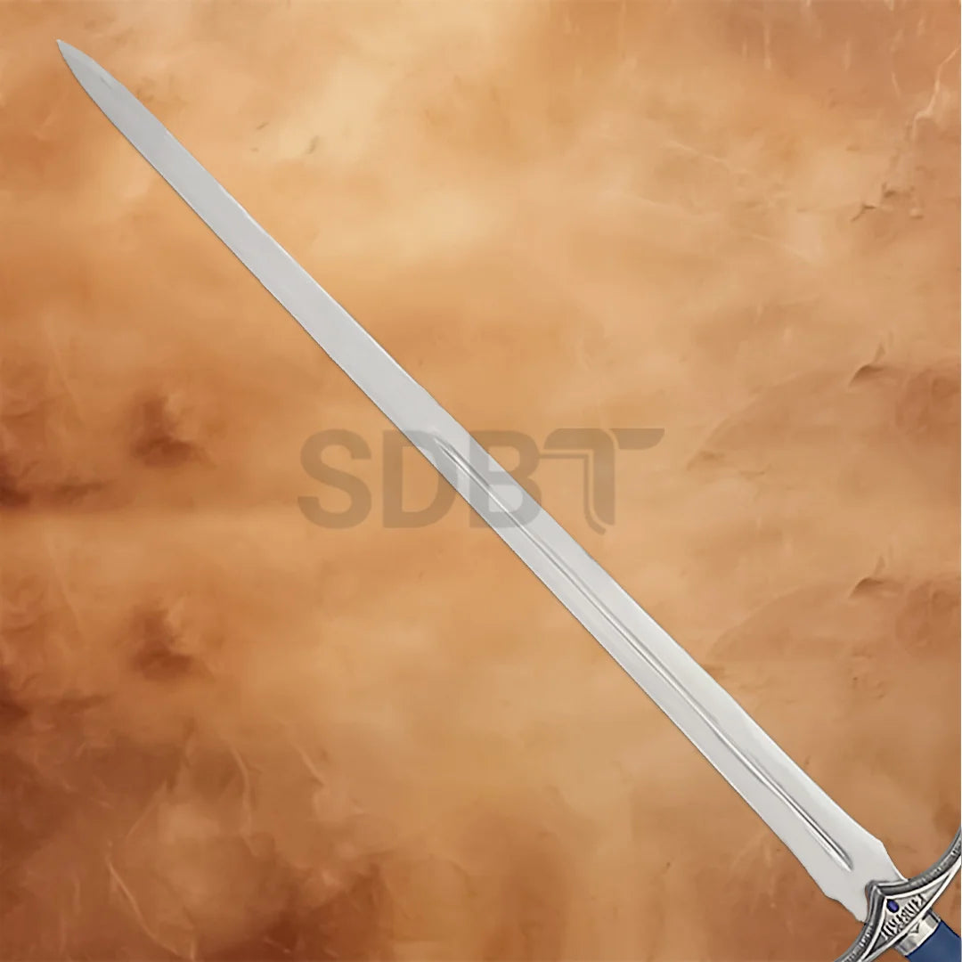 Close-up of the Blue Glamdring Sword Replica blade showcasing its polished finish, central fuller, and elegant Elven-inspired design from The Lord of the Rings.
