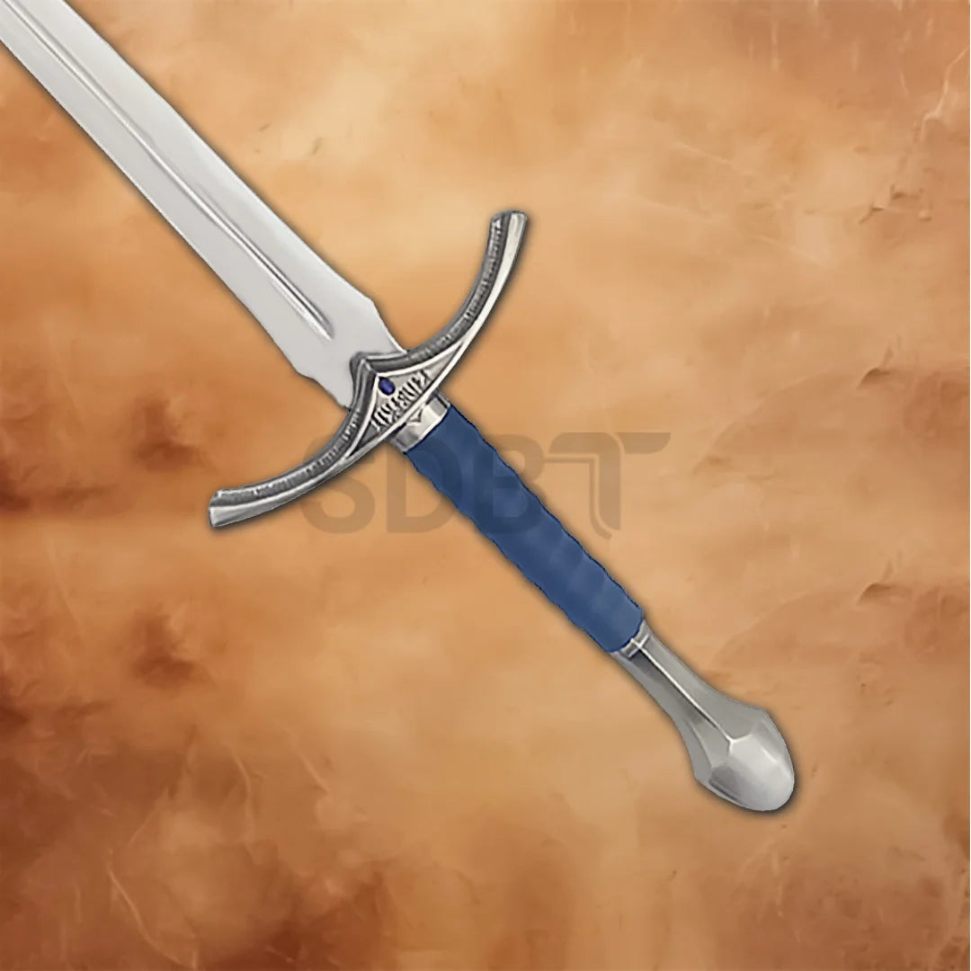 Detailed close-up of the Blue Glamdring Sword Replica hilt featuring a blue-wrapped grip, silver crossguard, and decorative Elven-inspired craftsmanship.