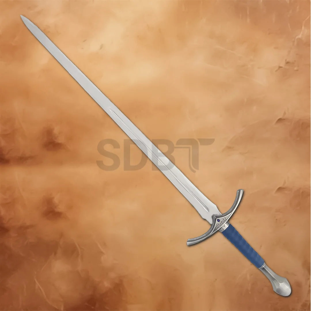 Full-length Blue Glamdring Sword Replica inspired by Gandalf from The Lord of the Rings, featuring a polished stainless steel blade, blue grip, and Elven-style guard.