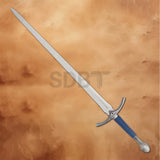 Full-length Blue Glamdring Sword Replica inspired by Gandalf from The Lord of the Rings, featuring a polished stainless steel blade, blue grip, and Elven-style guard.