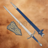 Blue Glamdring Sword Replica displayed with a blue scabbard and decorative wall plaque, inspired by Gandalf's legendary sword from The Lord of the Rings.