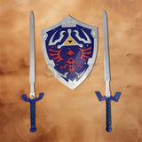 Complete Blue Hylian Shield display set with dual Master Sword replicas, inspired by The Legend of Zelda, perfect for collectors, cosplay, gaming rooms, and wall display.