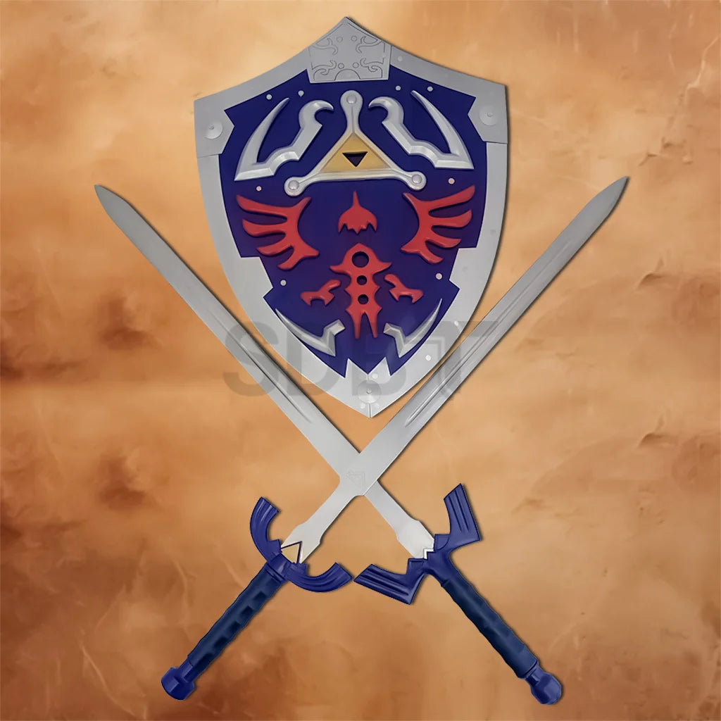 Blue Hylian Shield Set featuring two crossed Master Sword replicas with the iconic Hylian Shield, inspired by The Legend of Zelda for display, cosplay, and gaming collections.
