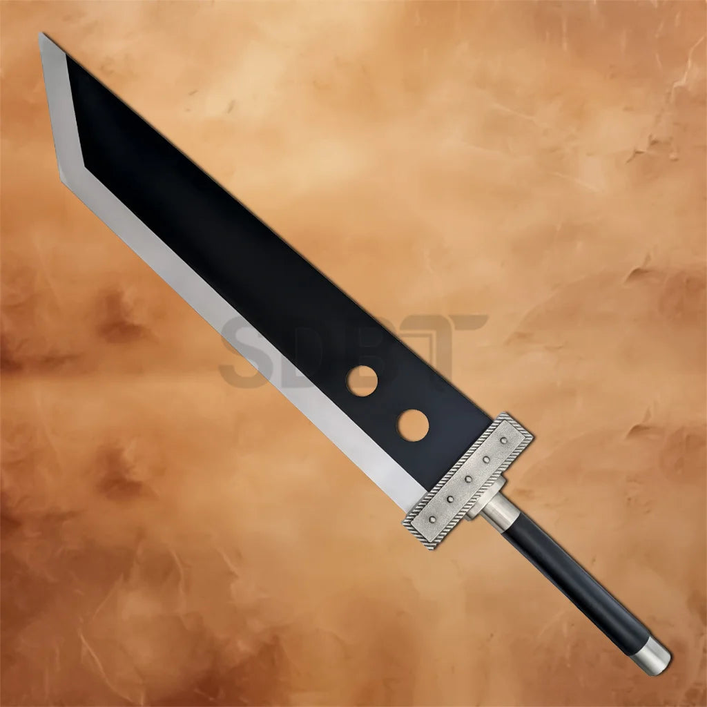 Full-length Final Fantasy Cloud Strife Black Buster Sword Replica featuring the massive black blade with dual circular cutouts and silver-edged design for collectors and cosplay.