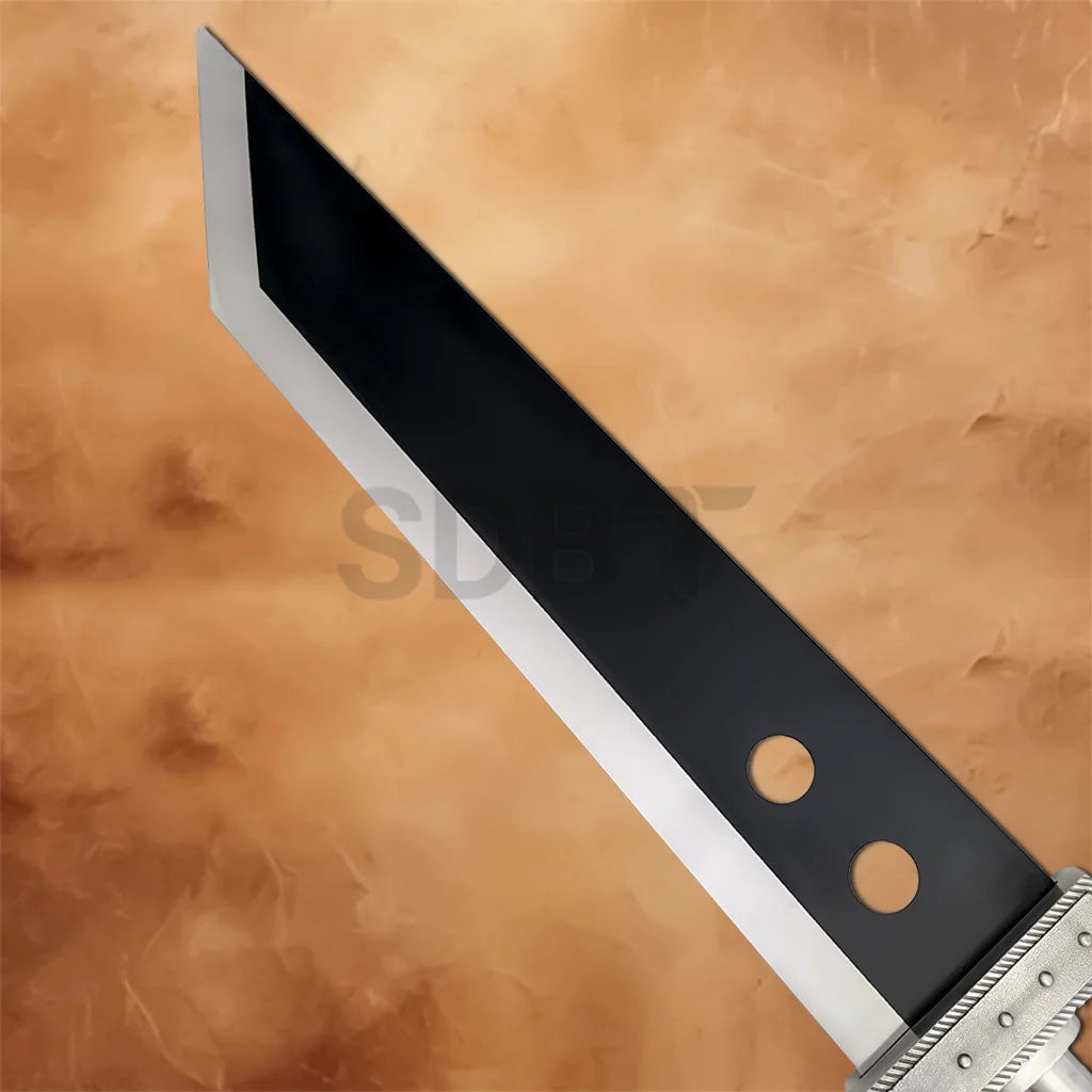 Close-up of the Final Fantasy Cloud Strife Buster 52 Inch Sword Black Edition showcasing the oversized black blade, silver cutting edge, and signature circular cutout details.