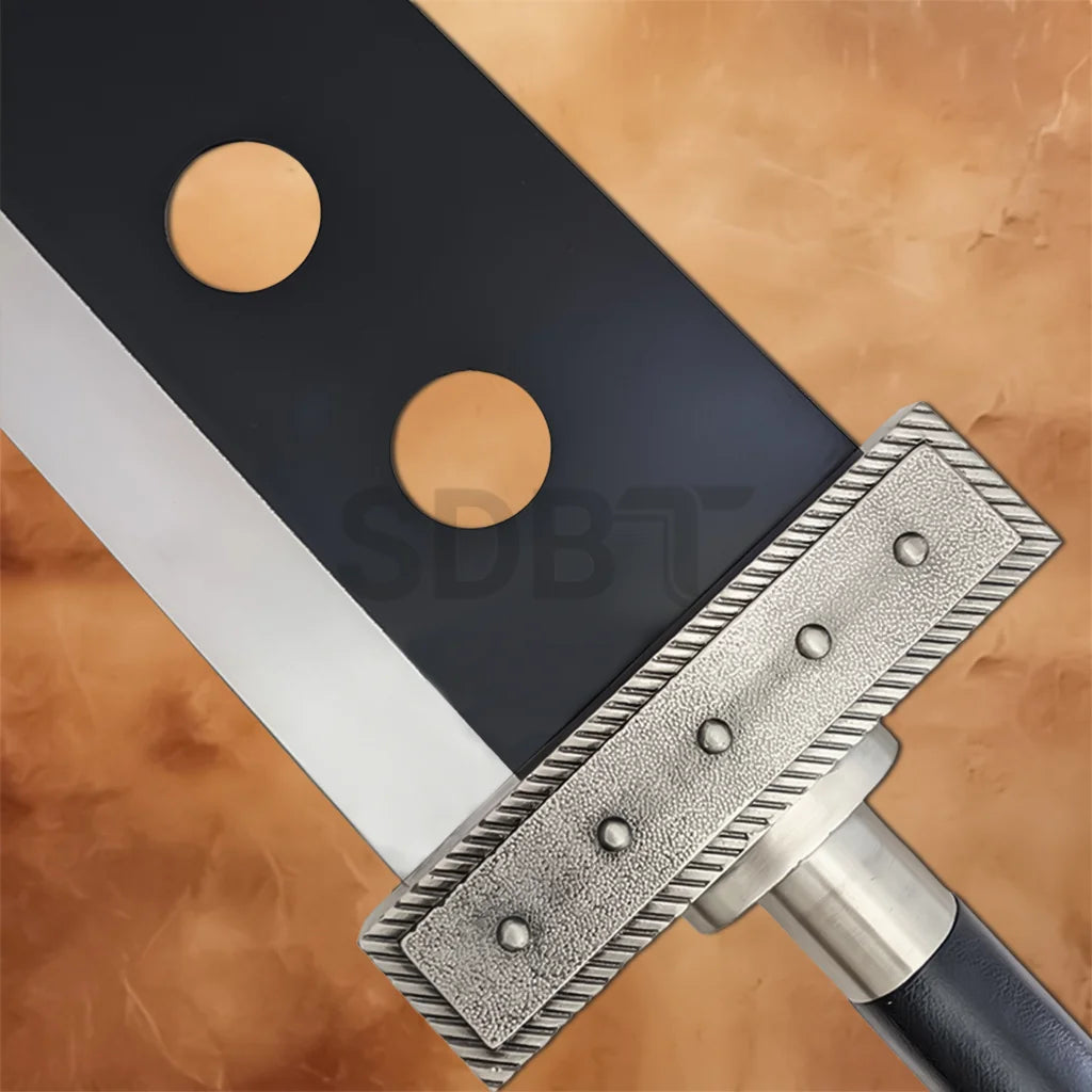 Close-up of the Final Fantasy Cloud Strife Buster 52 Inch Sword Black Edition featuring the iconic rectangular crossguard, dual blade cutouts, and polished metal finish.